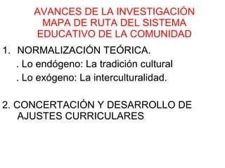 AVANCES DE LA INVESTIGACIÓN MAPA DE RUTA DEL SISTEMA EDUCATIVO DE LA COMUNIDAD NORMALIZACIÓN TEÓRICA. . Lo endógeno: La tradición cultural . Lo exógeno: La interculturalidad. 2. CONCERTACIÓN Y DESARROLLO DE AJUSTES CURRICULARES  