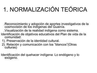 1. NORMALIZACIÓN TEÓRICA .Reconocimiento y adopción de aportes investigativos de la cosmovisión de los indígenas del Guainía. .Visualización de la realidad indígena como sistema. Identificación de objetivos educativos del Plan de vida de la  comunidad: 1). Preservación de la identidad cultural. 2). Relación y comunicación con los “blancos”(Otras culturas) Identificación del quehacer indígena: Lo endógeno y lo exógeno. 