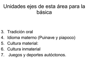 Unidades ejes de esta área para la básica Tradición oral Idioma materno (Puinave y piapoco) Cultura material:  Cultura inmaterial Juegos y deportes autóctonos. 