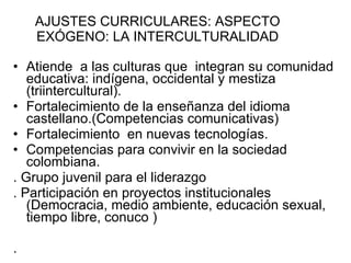 AJUSTES CURRICULARES: ASPECTO EXÓGENO: LA INTERCULTURALIDAD Atiende  a las culturas que  integran su comunidad educativa: indígena, occidental y mestiza (triintercultural). Fortalecimiento de la enseñanza del idioma castellano.(Competencias comunicativas) Fortalecimiento  en nuevas tecnologías. Competencias para convivir en la sociedad colombiana. . Grupo juvenil para el liderazgo . Participación en proyectos institucionales (Democracia, medio ambiente, educación sexual, tiempo libre, conuco ) .  