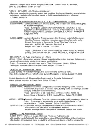 CV Nickolas Delernias- Civil Engineer,Tel : (+30)2106203365, Mob: (+30) 6936698040, E-mail : nikodele@gmail.com,Page 2 of 3
Contractor : Archiplus Saudi Arabia. Budget : 9.000.000 €. Surface : 2.500 m2 Basement,
2.500 m2 Ground Floor and 1st
-2nd
Floor
(1/1/2010 – 30/05/2015) ●Civil Engineer Free Lancer :
a)Technical consultant to companies asking state grant ( on development Laws) on several building
projects and installation of photovoltaic panels, b) Buildings audits about energy efficiency,
c) Property Valuations.
ERGOSTIL SA (subsidiary of Group BIOXALKO S.A.) - 52 Kapodistriou Av. – Athens
(9/2009-11/2009) ● Construction Manager, ensuring quality, time and cost were achieved throughout
the duration of the project.
Project : Building and Electromechanical Works for the Manufacture of New
Substation and Network of Medium Tendency at the installations of Recycling
metals Company in Athens.Contractor: ERGOSTIL S.A., Owner : ANAMET S.A
Budget: 500.000 €
(2/2008 -8/2009 ) ●Assistant Consulting Project Manager - Civil Engineer, on behalf of the owner.
Checking Accounts, negotiating new prices, supervision of concrete works .
Project :Construction of Commercial Center “River West” - Athens.
Contractor : AKTOR SA, Developer : Bioxalko S.A,
Budget: 25.000.000 €, Surface : 25.000 m2
Project : Construction of new central warehouse surface 10.000 m2 at Inofita
(Viotia) Contructor : AKTOR SA., Owner: YALCO S.A., Budget: 6.500.000 €
BETANET S.A.- 53, Avgis and Potamou str. - Athens
(9/2006 -1/2008) ●Construction Manager. Regular inspection at the project to ensure that works are
carried out in accordance with the drawings and specifications.
Project : Construction of a prefabricated hotel in Tripoli (Peloponese) capacity 80 beds
Developper : GA-MA Exploitation of Real Estates, Budget: 1.500.000 €
LYGKEAS SA - 26 Antheon str. - Athens
(5/2005 -8/2006) ●Constrution Manager. Site Supervision and planning of works.
Project : Completion of Town Hall in Nemea. Owner : Municipality of Nemea. Budget: 600.000 €
Project : Construction of “Museum of the Environment” at Stymfalia (Peloponnese).
Owner: Cultural Institution of Piraeus Bank, Budget: 900.000 €
TERNA SA – 85 Messogion Av. - Athens
(9/2002 - 4/2005) ●Assistant Constrution Manager, Responsible for temporary works , concrete
reinforcement. Supervision of concrete works, building works and finishings. Quantity
surveying and overall financial monitoring.
Project : Construction of S’B Head offices in Athens. Surface 15.000 m2
Owner : Group of Companies “S & B” Industry Mining, Budget: 18.000.000 €
(12/2001 - 8/2002) ●Constrution Manager. Supervising of concrete works, building works and finishings.
Project : Construction of two-storey Art studio and Exhibition Centre in Ekali
(Athens). Owner : “Vasilliki Paravalou”, Budget: 3.000.000 €.
(9/2001 - 11/2001) ●Constrution Manager. Responsible monitoring work and preparation of bill of
quantities and sub contractors’ and developer’s accounts.
Project: Building’s interiors renovation in order to be used as bank branch .
STEM SA - 17 Ag. Anargyron str. - Athens
(5/2000 - 8/2001) ●Person in charge of follow-up Private and Public works as:
a)Re-establishment of abbey St. Georgios in Skyros island, b)Support of Abbey of Dafni, in Athens,
c)Restoration of the structural frame of a building with basement, destroyed by fire, using gunite,
 