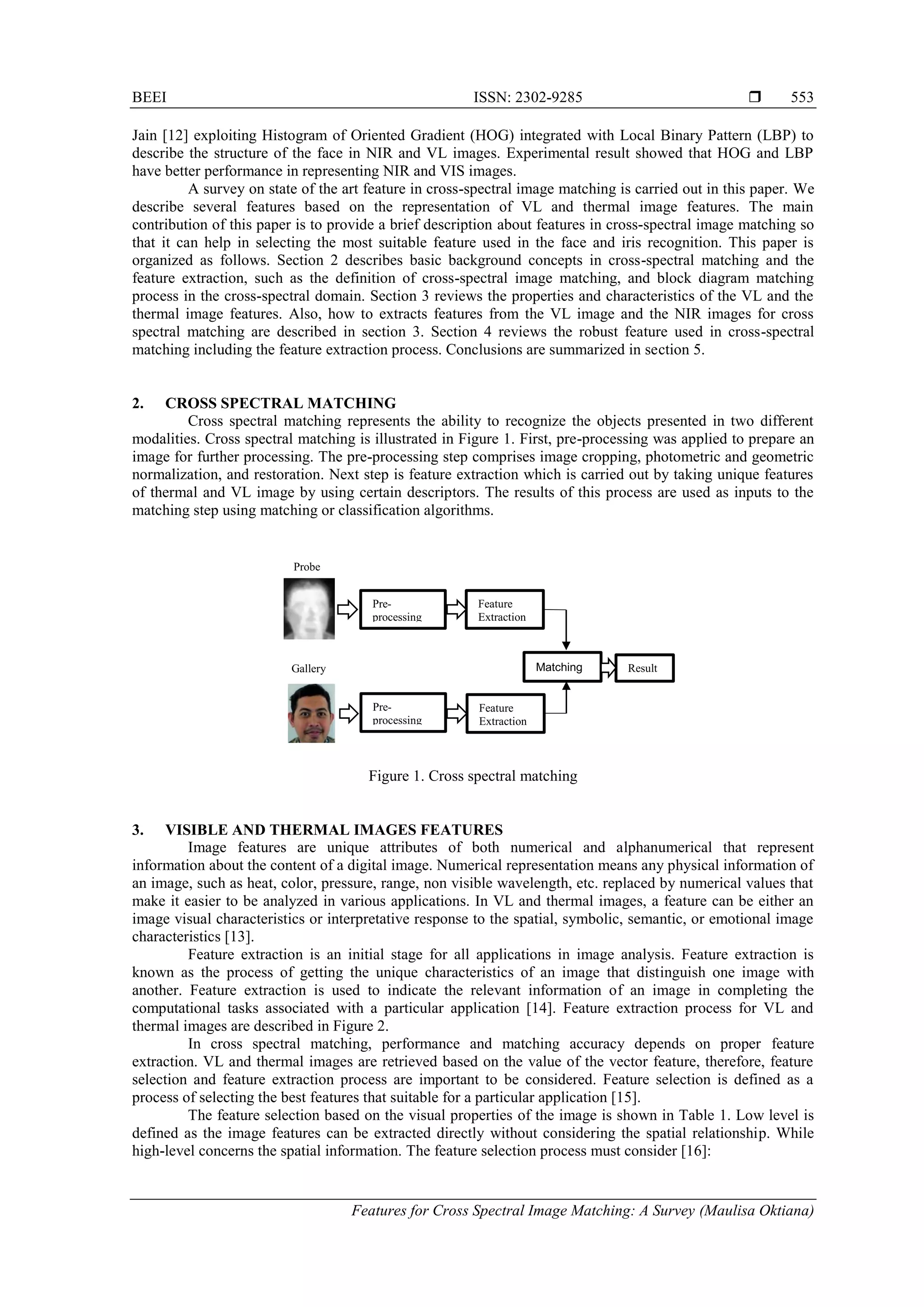 BEEI ISSN: 2302-9285 
Features for Cross Spectral Image Matching: A Survey (Maulisa Oktiana)
553
Jain [12] exploiting Histogram of Oriented Gradient (HOG) integrated with Local Binary Pattern (LBP) to
describe the structure of the face in NIR and VL images. Experimental result showed that HOG and LBP
have better performance in representing NIR and VIS images.
A survey on state of the art feature in cross-spectral image matching is carried out in this paper. We
describe several features based on the representation of VL and thermal image features. The main
contribution of this paper is to provide a brief description about features in cross-spectral image matching so
that it can help in selecting the most suitable feature used in the face and iris recognition. This paper is
organized as follows. Section 2 describes basic background concepts in cross-spectral matching and the
feature extraction, such as the definition of cross-spectral image matching, and block diagram matching
process in the cross-spectral domain. Section 3 reviews the properties and characteristics of the VL and the
thermal image features. Also, how to extracts features from the VL image and the NIR images for cross
spectral matching are described in section 3. Section 4 reviews the robust feature used in cross-spectral
matching including the feature extraction process. Conclusions are summarized in section 5.
2. CROSS SPECTRAL MATCHING
Cross spectral matching represents the ability to recognize the objects presented in two different
modalities. Cross spectral matching is illustrated in Figure 1. First, pre-processing was applied to prepare an
image for further processing. The pre-processing step comprises image cropping, photometric and geometric
normalization, and restoration. Next step is feature extraction which is carried out by taking unique features
of thermal and VL image by using certain descriptors. The results of this process are used as inputs to the
matching step using matching or classification algorithms.
Figure 1. Cross spectral matching
3. VISIBLE AND THERMAL IMAGES FEATURES
Image features are unique attributes of both numerical and alphanumerical that represent
information about the content of a digital image. Numerical representation means any physical information of
an image, such as heat, color, pressure, range, non visible wavelength, etc. replaced by numerical values that
make it easier to be analyzed in various applications. In VL and thermal images, a feature can be either an
image visual characteristics or interpretative response to the spatial, symbolic, semantic, or emotional image
characteristics [13].
Feature extraction is an initial stage for all applications in image analysis. Feature extraction is
known as the process of getting the unique characteristics of an image that distinguish one image with
another. Feature extraction is used to indicate the relevant information of an image in completing the
computational tasks associated with a particular application [14]. Feature extraction process for VL and
thermal images are described in Figure 2.
In cross spectral matching, performance and matching accuracy depends on proper feature
extraction. VL and thermal images are retrieved based on the value of the vector feature, therefore, feature
selection and feature extraction process are important to be considered. Feature selection is defined as a
process of selecting the best features that suitable for a particular application [15].
The feature selection based on the visual properties of the image is shown in Table 1. Low level is
defined as the image features can be extracted directly without considering the spatial relationship. While
high-level concerns the spatial information. The feature selection process must consider [16]:
Pre-
processing
Feature
Extraction
Probe
Pre-
processing
Feature
Extraction
Matching Result
Gallery
 