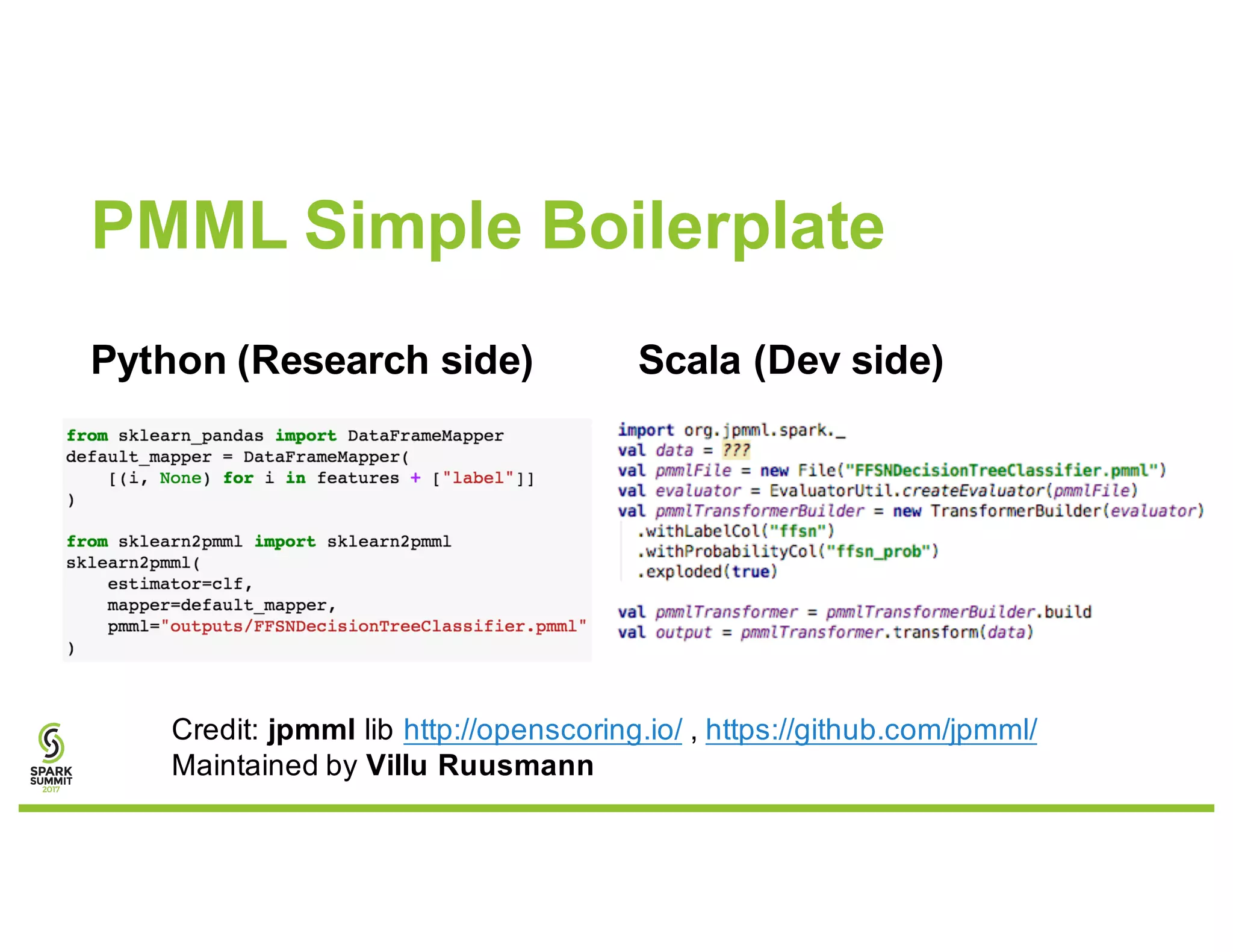 PMML Simple Boilerplate
Python (Research side) Scala (Dev side)
Credit: jpmml lib http://openscoring.io/ , https://github.com/jpmml/
Maintained by Villu Ruusmann
 