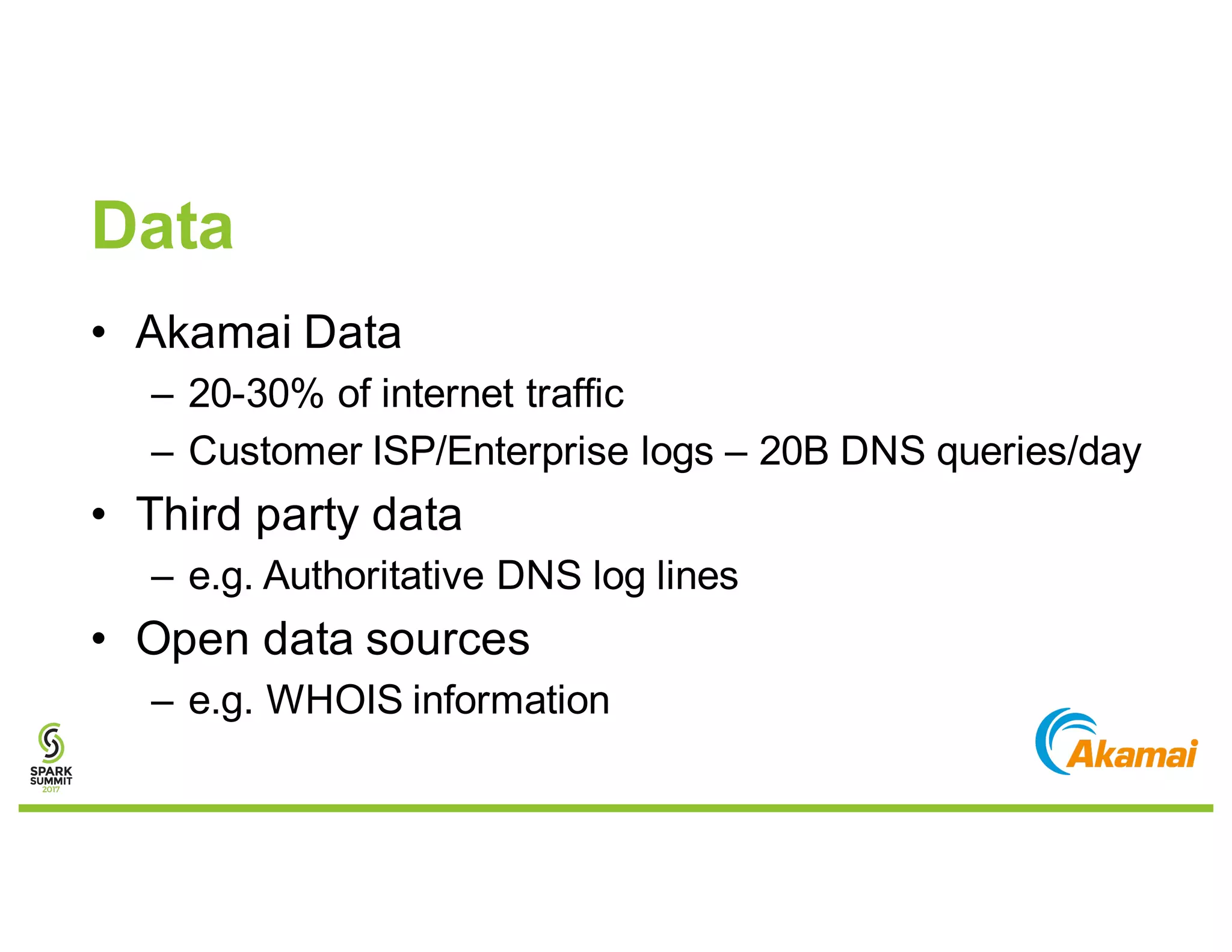 Data
• Akamai Data
– 20-30% of internet traffic
– Customer ISP/Enterprise logs – 20B DNS queries/day
• Third party data
– e.g. Authoritative DNS log lines
• Open data sources
– e.g. WHOIS information
 
