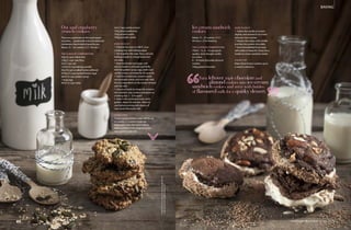 www.foodandhome.co.za October 2013 75
BAKING
Props:InGoodCompany(certainpropsareforhire
only).Seestockists’detailsonpage126
Oat and cranberry
crunch cookies
Theseareagreattakeontheusualsquare
crunchies…packedwithnutsandseedsand
cranberries,they’rekindofgoodforyou
Makes 15 – 20 cookies EASY 40 mins
THE FLAVOUR COMBINATIONS
XXg (3 cups) rolled oats
120g (1 cup) cake flour
5ml (1 tsp) salt
1,25ml (¼ tsp) baking powder
60g (¾ cup) unsalted butter, softened
XXXg (1½ cups) packed brown sugar
60ml (¼ cup) golden syrup
1 large egg
60ml (¼ cup) water
Ice-cream sandwich
cookies
Makes 15 – 20 cookies EASY
40 mins + 2 hrs freezing
THE FLAVOUR COMBINATIONS
750ml – 1L (3 – 4 cups) good
quality, store-bought vanilla
ice cream
8 – 10 triple chocolate almond
cookies
150g grated chocolate
HOW TO DO IT
1 Soften the vanilla ice cream
slightly and sandwich ice cream
between two cookies.
2 Neaten the edges with a knife
and dip into grated chocolate.
3 Serveimmediatelyforanoozy,
softcookieorfreezefor2hoursfora
harderice-creamsandwichcookie.
cook’s tip
Make these frozen cookies up to
a week in advance.
5ml (1 tsp) vanilla extract
150g dried cranberries
100g sesame seeds
100g pumpkin seeds
HOW TO DO IT
1 Preheat the oven to 180°C. Line
a baking tray with baking paper
2 Stir together the oats, flour, salt and
baking powder in a large bowl and
set aside.
3 Beat the butter and sugar with
electric beaters until pale and fluffy.
Add the golden syrup, egg, water and
vanilla extract, and beat for 30 seconds.
4 Add the cranberries, sesame seeds
and pumpkin seeds, and mix well. Add
the dry ingredients to the butter mixture
and mix well.
5 Use your hands to shape the mixture
into medium-size cookies and place on
a baking tray 1 – 2cm apart.
6 Bake in the preheated oven until
golden, about 20 minutes. Allow to
cool before serving with plenty of
rose-water flavoured milk.
cook’s tips
These crunchy cookies store well for up
to 2 weeks in a sealed cookie jar.
Make rose-water flavoured milk by
adding a drop or two of good quality
rose water to cold milk.
Turn leftover triple chocolate and
almond cookies into ice-cream
sandwich cookies and serve with bottles
of flavoured milk for a quirky dessert.
 