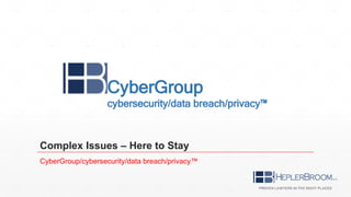 Complex Issues – Here to Stay
CyberGroup/cybersecurity/data breach/privacy™
CyberGroup
cybersecurity/data breach/privacy™
 
