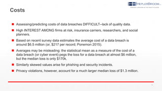 Costs
 Assessing/predicting costs of data breaches DIFFICULT--lack of quality data.
 High INTEREST AMONG firms at risk, insurance carriers, researchers, and social
planners.
 Based on recent survey data estimates the average cost of a data breach is
around $6.5 million (or, $217 per record; Ponemon 2015).
 Averages may be misleading: the statistical mean as a measure of the cost of a
data breach (or cyber event) pegs the loss for a data breach at almost $6 million,
but the median loss is only $170k.
 Similarly skewed values arise for phishing and security incidents.
 Privacy violations, however, account for a much larger median loss of $1.3 million.
19
 