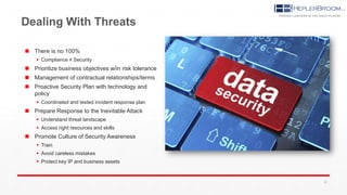 Dealing With Threats
 There is no 100%
 Compliance ≠ Security
 Prioritize business objectives w/in risk tolerance
 Management of contractual relationships/terms
 Proactive Security Plan with technology and
policy
 Coordinated and tested incident response plan
 Prepare Response to the Inevitable Attack
 Understand threat landscape
 Access right resources and skills
 Promote Culture of Security Awareness
 Train
 Avoid careless mistakes
 Protect key IP and business assets
23
 