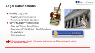 Legal Ramifications
 PRIVATE LITIGATION
 Suppliers, commercial customers
 Consumers, individuals, class actions
 GOVERNMENT INVESTIGATIONS
 State laws/ Attorney General Actions
 Federal Laws/ FTC and Industry Specific Regulations
 Privacy Actions
 Criminal Violations
In federal courts approximately 1700 pending legal actions over 50% are private civil actions,
17% are criminal actions.
25
 