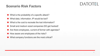 Scenario Risk Factors
 What is the probability of a specific attack?
 What data, information, IP would be lost?
 What is the cost to recreate the lost information?
 Small and medium sized companies DO get hacked!
 Are there employees, current of former with agendas?
 How aware are employees of the risks?
 What company functions are the most critical?
39
 