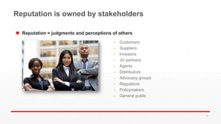 Reputation is owned by stakeholders
 Reputation = judgments and perceptions of others
‒ Customers
‒ Suppliers
‒ Investors
‒ JV partners
‒ Agents
‒ Distributors
‒ Advocacy groups
‒ Regulators
‒ Policymakers
‒ General public
54
 