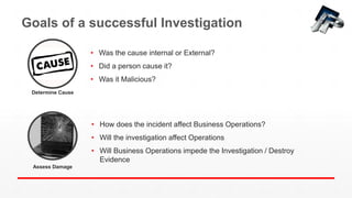 Goals of a successful Investigation
• Was the cause internal or External?
• Did a person cause it?
• Was it Malicious?
Determine Cause
Assess Damage
• How does the incident affect Business Operations?
• Will the investigation affect Operations
• Will Business Operations impede the Investigation / Destroy
Evidence
 