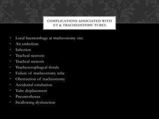 • Local haemorrhage at tracheostomy site.
• Air embolism
• Infection
• Tracheal necrosis
• Tracheal stenosis
• Tracheoesophageal fistula
• Failure of tracheostomy tube
• Obstruction of tracheostomy
• Accidental extubation
• Tube displacement
• Pneumothorax
• Swallowing dysfunction
COMPLICATIONS ASSOCIATED WITH
ET & TRACHEOSTOMY TUBES
 