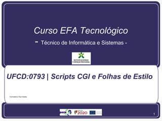 1
Curso EFA Tecnológico
- Técnico de Informática e Sistemas -
UFCD:0793 | Scripts CGI e Folhas de Estilo
Formadora: Elsa Valada
 