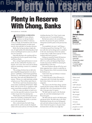 2013-14: MEMORABLE SEASON | 9
A
S SENSATIONAL AS BREANNA
STEWART’S 37-point offensive
explosion was during Tuesday’s
American Athletic Conference
victory at Temple, the foundation of the UConn
women’s basketball program was built much
more by what took place on Saturday afternoon.
Rather than having one player simply take
over, all eight healthy full-scholarship players had
at least one field goal and two assists in an 86-29
win over Cincinnati.
Especially pleasing to the coaching staff was
the production of reserve guards Saniya Chong
and Brianna Banks.
After a string of quiet performances in recent
weeks, the duo combined for 16 points, six re-
bounds, seven assists, three steals and two blocks
while not committing a turnover in a combined
45 minutes.
“We are doing a lot better than we did in the
past so hopefully keep getting better every day in
practice,” said Banks, a 5-foot-9 junior guard from
Newman, Ga., who had four points, five rebounds,
three assists, three steals and a blocked shot in 22
minutes. “We just try to make hustle plays and play
as hard as we can. That is all they expect from us.
“He (UConn coach Geno Auriemma) always
stresses about contributing off the bench,” added
Banks, who was on her way to a productive soph-
omore season before tearing her ACL last year.
“We try to come out and give as much as we
can every day especially in practice, because that
is where we get most of our playing time.
“Hustle plays are always the best plays. It just
shows that everybody is working hard, and not
everyone can hit for 37 like Stewie, so you have
to try to do something else.”
After a relatively quiet first half, Chong
played with the carefree attitude she displayed
earlier in the season and was 3 of 4 from the field
including shooting 3 for 3 from 3-point range
with four assists in 15 second-half minutes.
She had more points in the second half than
she did in the previous five games combined.
Chong had scored five points in her previous four
games.
“I accomplished a lot more,” said Chong, a
5-8 freshman guard from Ossining, N.Y. “I was
just really slow and not doing much to contribute
to the team. Just hearing it (from the coaches)
so many times, I really need to step up. I’ve been
working really hard in practice.”
Chong was named the Parade All-American
Team’s Girls Basketball Player of the Year in
2012-13, as well as the National High School
Coaches Association’s (NHSCA) national girl’s
basketball Player of the Year.
Like many freshmen who get off to fast starts
before opponents have a chance to study film on
them, Chong has been a little inconsistent during
her freshman year.
“I don’t know that any freshman is immune
to it,” Auriemma said.
“I think it does get to them all because it is
a long season and is a lot harder than anything
they’ve done. Saniya, she wants to be a great
competitor.
“She wants to do all of those things, and that
is good and that is going to help her. But for her,
especially if she is not concentrating on it all the
time, it just goes away. It is spotty.
“We didn’t play her much in the Maryland
game, she came back and played great in the
Penn State game.
“We didn’t play her much in the Baylor game,
and she gets better. She didn’t play in the South
Florida game because she was not feeling good
and came back and practiced great the next day.
I don’t think she has gotten to the point where
she knows how to do that every single day.”
31
Stefanie Dolson
Year: Sr.
Height: 6-5
Position: Center
Hometown:
Port Jervis, N.Y.
STEFANIE’S
SEASON HIGHLIGHT
Dolson,
an All-America
selection, scored a
career-high
26 points and added
a career-high
11 assists against
Oregon Nov. 20.
PlentyinReserve
WithChong,BanksStory by Jim Fuller | 02.02.2014
CHAMPION PROFILE
<Saniya Chong | The Associated Press
DID YOU KNOW?
Dolson scored
1,951 points
and had
1,607 rebounds
during her career
at Minisink
High School.
She averaged
22.8 points,
17.6 rebounds,
5.6 assists
and 5.2 blocks
per game as a senior
in high school.
 