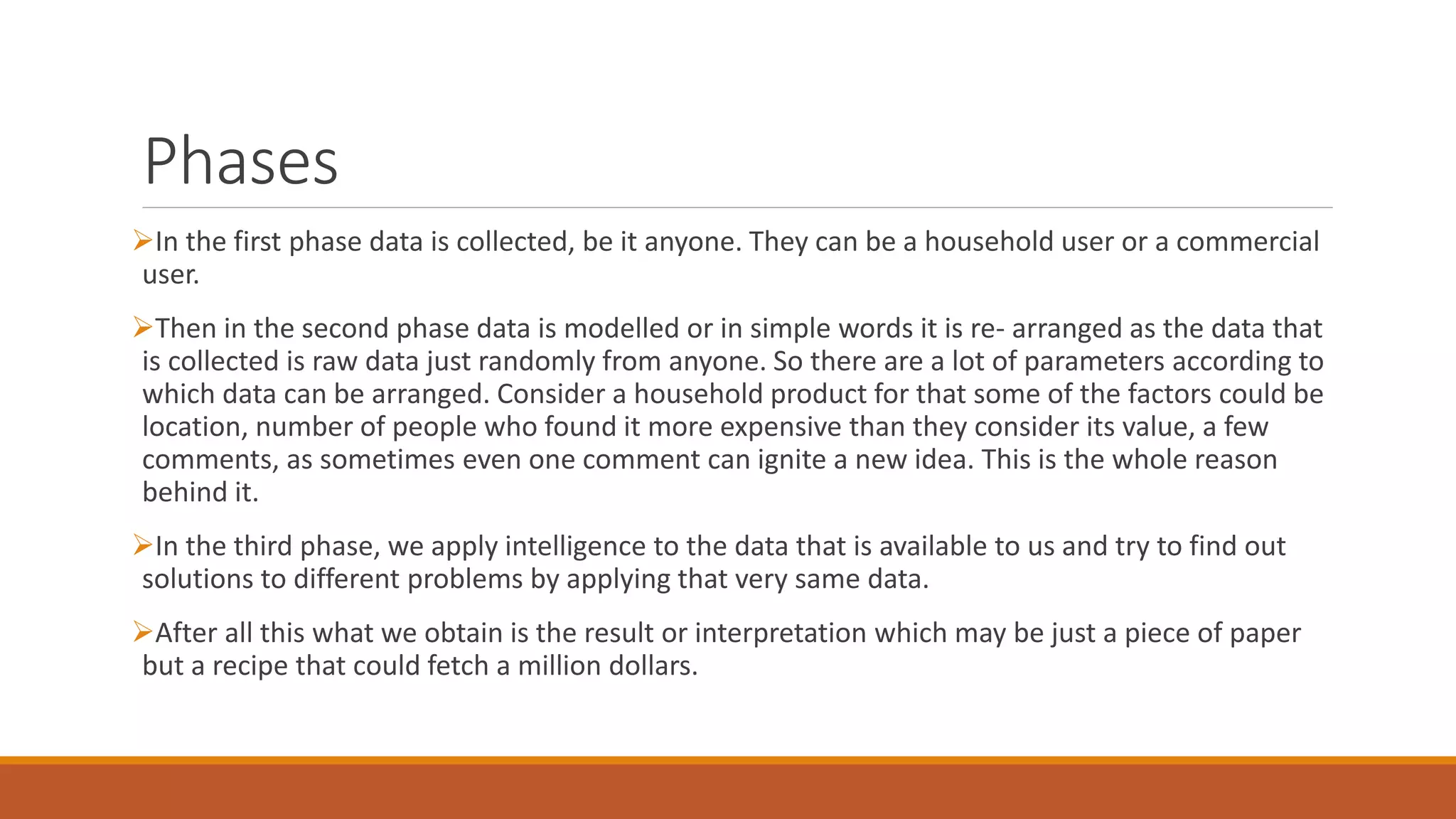 Phases
In the first phase data is collected, be it anyone. They can be a household user or a commercial
user.
Then in the second phase data is modelled or in simple words it is re- arranged as the data that
is collected is raw data just randomly from anyone. So there are a lot of parameters according to
which data can be arranged. Consider a household product for that some of the factors could be
location, number of people who found it more expensive than they consider its value, a few
comments, as sometimes even one comment can ignite a new idea. This is the whole reason
behind it.
In the third phase, we apply intelligence to the data that is available to us and try to find out
solutions to different problems by applying that very same data.
After all this what we obtain is the result or interpretation which may be just a piece of paper
but a recipe that could fetch a million dollars.
 