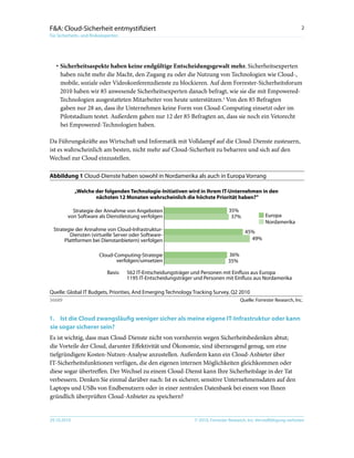 © 2010, Forrester Research, Inc. Vervielfältigung verboten29.10.2010
2F&A: Cloud-Sicherheit entmystifiziert
Für Sicherheits- und Risikoexperten
·	Sicherheitsaspekte haben keine endgültige Entscheidungsgewalt mehr. Sicherheitsexperten
haben nicht mehr die Macht, den Zugang zu oder die Nutzung von Technologien wie Cloud-,
mobile, soziale oder Videokonferenzdienste zu blockieren. Auf dem Forrester-Sicherheitsforum
2010 haben wir 85 anwesende Sicherheitsexperten danach befragt, wie sie die mit Empowered-
Technologien ausgestatteten Mitarbeiter von heute unterstützen.3
Von den 85 Befragten
gaben nur 28 an, dass ihr Unternehmen keine Form von Cloud-Computing einsetzt oder im
Pilotstadium testet. Außerdem gaben nur 12 der 85 Befragten an, dass sie noch ein Vetorecht
bei Empowered-Technologien haben.
Da Führungskräfte aus Wirtschaft und Informatik mit Volldampf auf die Cloud-Dienste zusteuern,
ist es wahrscheinlich am besten, nicht mehr auf Cloud-Sicherheit zu beharren und sich auf den
Wechsel zur Cloud einzustellen.
Quelle: Forrester Research, Inc.]56689
„Welche der folgenden Technologie-Initiativen wird in Ihrem IT-Unternehmen in den
nächsten 12 Monaten wahrscheinlich die höchste Priorität haben?”
Cloud-Computing-Strategie
verfolgen/umsetzen
Strategie der Annahme von Cloud-Infrastruktur-
Diensten (virtuelle Server oder Software-
Plattformen bei Dienstanbietern) verfolgen
Strategie der Annahme von Angeboten
von Software als Dienstleistung verfolgen
Basis: 562 IT-Entscheidungsträger und Personen mit Einfluss aus Europa
1195 IT-Entscheidungsträger und Personen mit Einfluss aus Nordamerika
Quelle: Global IT Budgets, Priorities, And Emerging Technology Tracking Survey, Q2 2010
36%
35%
49%
45%
35%
37% Europa
Nordamerika
Abbildung 1 Cloud-Dienste haben sowohl in Nordamerika als auch in Europa Vorrang
1.	Ist die Cloud zwangsläufig weniger sicher als meine eigene IT-Infrastruktur oder kann
sie sogar sicherer sein?
Es ist wichtig, dass man Cloud-Dienste nicht von vornherein wegen Sicherheitsbedenken abtut;
die Vorteile der Cloud, darunter Effektivität und Ökonomie, sind überzeugend genug, um eine
tiefgründigere Kosten-Nutzen-Analyse anzustellen. Außerdem kann ein Cloud-Anbieter über
IT-Sicherheitsfunktionen verfügen, die den eigenen internen Möglichkeiten gleichkommen oder
diese sogar übertreffen. Der Wechsel zu einem Cloud-Dienst kann Ihre Sicherheitslage in der Tat
verbessern. Denken Sie einmal darüber nach: Ist es sicherer, sensitive Unternehmensdaten auf den
Laptops und USBs von Endbenutzern oder in einer zentralen Datenbank bei einem von Ihnen
gründlich überprüften Cloud-Anbieter zu speichern?
 
