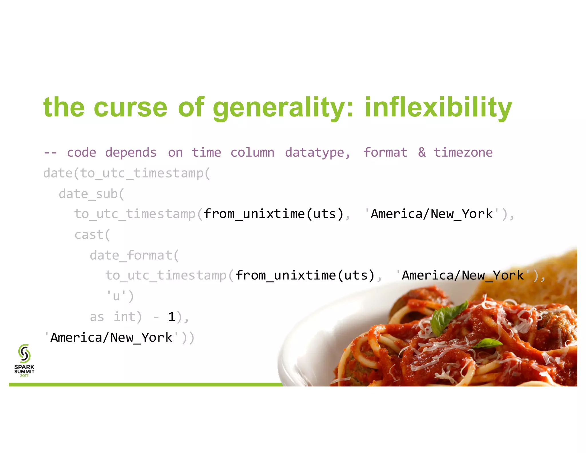 the curse of generality: inflexibility
-- code depends on time column datatype, format & timezone
date(to_utc_timestamp(
date_sub(
to_utc_timestamp(from_unixtime(uts), 'America/New_York'),
cast(
date_format(
to_utc_timestamp(from_unixtime(uts), 'America/New_York'),
'u')
as int) - 1),
'America/New_York'))
 