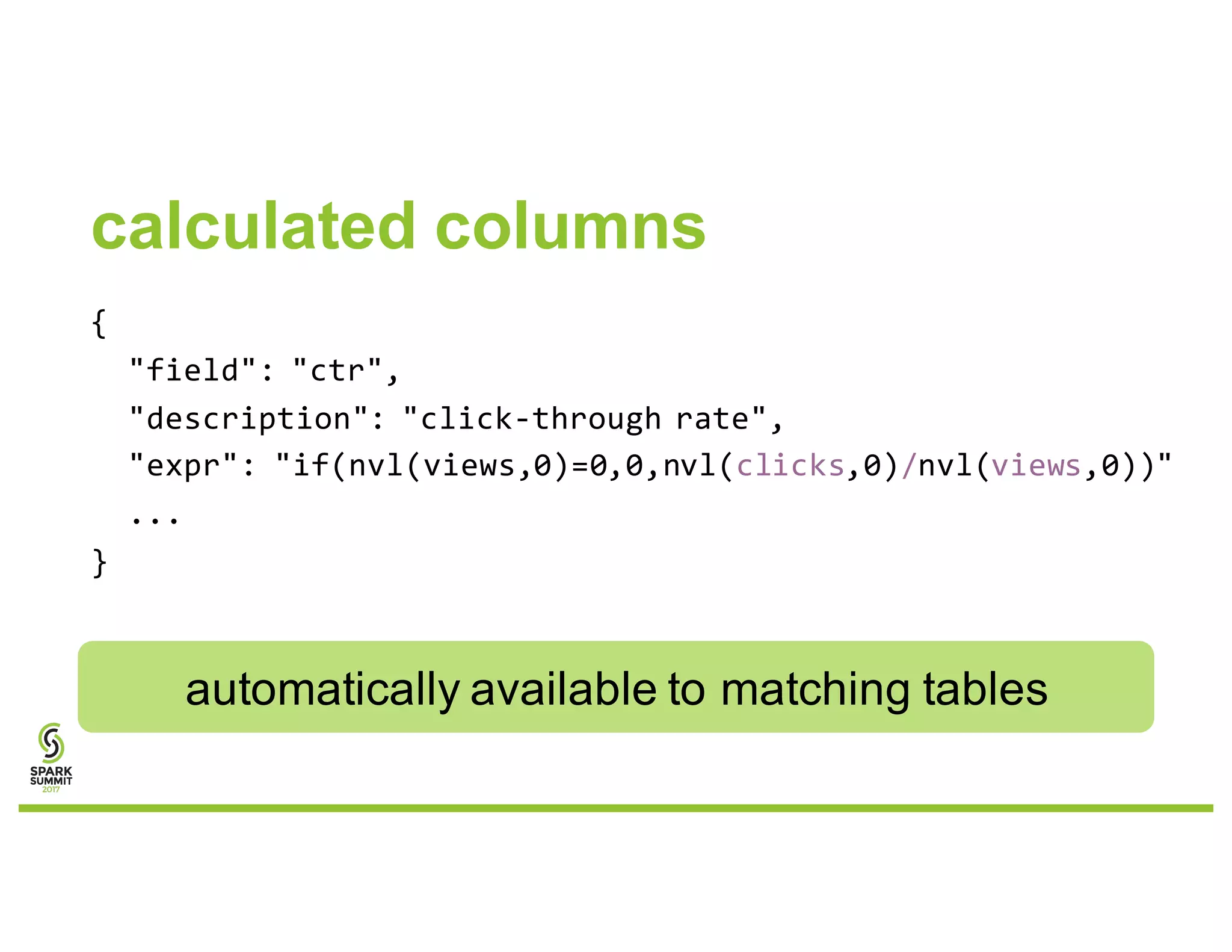 calculated columns
{
"field": "ctr",
"description": "click-through rate",
"expr": "if(nvl(views,0)=0,0,nvl(clicks,0)/nvl(views,0))"
...
}
automatically available to matching tables
 