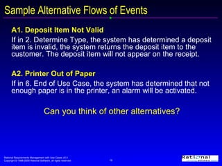 Sample Alternative Flows of Events A1. Deposit Item Not Valid If in 2. Determine Type, the system has determined a deposit item is invalid, the system returns the deposit item to the customer. The deposit item will not appear on the receipt. A2. Printer Out of Paper If in 6. End of Use Case, the system has determined that not enough paper is in the printer, an alarm will be activated. Can you think of other alternatives? 