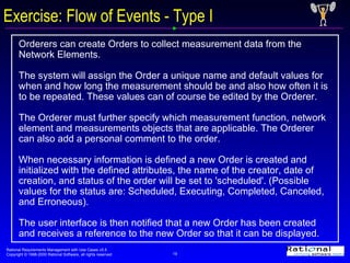 Exercise: Flow of Events - Type I Orderers can create Orders to collect measurement data from the Network Elements. The system will assign the Order a unique name and default values for when and how long the measurement should be and also how often it is to be repeated. These values can of course be edited by the Orderer.  The Orderer must further specify which measurement function, network element and measurements objects that are applicable. The Orderer can also add a personal comment to the order.  When necessary information is defined a new Order is created and initialized with the defined attributes, the name of the creator, date of creation, and status of the order will be set to 'scheduled'. (Possible values for the status are: Scheduled, Executing, Completed, Canceled, and Erroneous).  The user interface is then notified that a new Order has been created and receives a reference to the new Order so that it can be displayed.   
