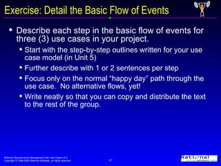 Exercise: Detail the Basic Flow of Events Describe each step in the basic flow of events for three (3) use cases in your project. Start with the step-by-step outlines written for your use case model (in Unit 5) Further describe with 1 or 2 sentences per step Focus only on the normal “happy day” path through the use case.  No alternative flows, yet!  Write neatly so that you can copy and distribute the text to the rest of the group. 