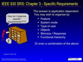 IEEE 830 SRS: Chapter 3 - Specific Requirements Feature System mode Type of user Objects Stimulus / Response Functional hierarchy The answer is application dependent.  You may wish to organize by Or even a combination of the above adapted from IEEE 1993 How do I organize specific requirements???? 