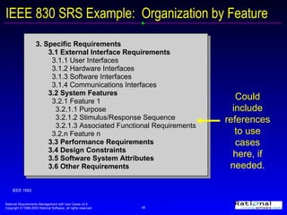 IEEE 830 SRS   Example:  Organization by Feature IEEE 1993 3. Specific Requirements 3.1 External Interface Requirements 3.1.1 User Interfaces 3.1.2 Hardware Interfaces 3.1.3 Software Interfaces 3.1.4 Communications Interfaces 3.2 System Features 3.2.1 Feature 1 3.2.1.1 Purpose 3.2.1.2 Stimulus/Response Sequence 3.2.1.3 Associated Functional Requirements 3.2.n Feature n 3.3 Performance Requirements 3.4 Design Constraints 3.5 Software System Attributes 3.6 Other Requirements Could include references to use cases here, if needed. 