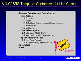 A “UC” SRS Template: Customized for Use Cases Software Requirements Specifications 1. Introduction 1.1 Purpose 1.2 Scope 1.3 Definitions, Acronyms, and Abbreviations 1.4 References 1.5 Overview 2. Overall Description 2.1 Use-Case Model Survey 2.2 Assumptions and Dependencies 3. Specific Requirements 3.1 Use Case Reports 3.2 Supplementary Specifications Appendices Index TP: (UC) SRS Template Handout 