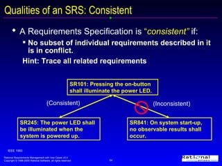 A Requirements Specification is  “ consistent”  if:   No subset of individual requirements described in it is in conflict. Hint: Trace all related requirements Qualities of an SRS: Consistent IEEE 1993 SR101: Pressing the on-button shall illuminate the power LED. SR841: On system start-up, no observable results shall occur. SR245: The power LED shall be illuminated when the system is powered up. (Inconsistent) (Consistent) 