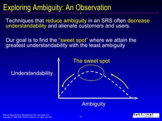 Exploring Ambiguity: An Observation Techniques that  reduce ambiguity  in an SRS often  decrease understandability  and alienate customers and users. Our goal is to find the  “sweet spot”  where we attain the greatest understandability with the least ambiguity Understandability Ambiguity The sweet spot  