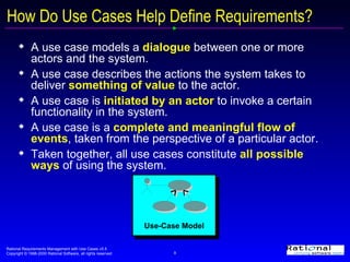 How Do Use Cases Help Define Requirements? A use case models a  dialogue  between one or more actors and the system. A use case describes the actions the system takes to deliver  something of value  to the actor.  A use case is  initiated by an actor  to invoke a certain functionality in the system. A use case is a  complete and meaningful flow of events , taken from the perspective of a particular actor. Taken together, all use cases constitute  all possible ways  of using the system. Use-Case Model 