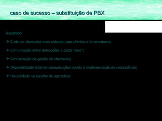 Resultado Custo de chamadas mais reduzido com clientes e fornecedores; Comunicação entre delegações a custo “zero”; Centralização da gestão de chamadas; Disponibilidade total de comunicações devido á implementação de redundância; Flexibilidade na escolha da operadora. caso de sucesso – substituição de PBX 