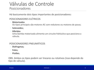 Válvulas de Controle
Posicionadores
PTC3421 VÁLVULAS - I 9
Há basicamente dois tipos importantes de posicionadores:
POSICIONADORES ELÉTRICOS
◦ Motorizados
Os tipos principais são motores AC com redutores ou motores de passo;
◦ Solenoides;
◦ Híbridos
Uma bomba motorizada alimenta um circuito hidráulico que posiciona a
válvula.
POSICIONADORES PNEUMÁTICOS
◦ Diafragmas;
◦ Foles;
◦ Pistões.
OBS. Ambos os tipos podem ser lineares ou rotativos (isso depende do
tipo de válvula).
 