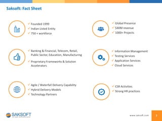  CSR Activities
 Strong HR practices
 Information Management
 Testing Services
 Application Services
 Cloud Services
 Global Presence
 $40M revenue
 1000+ Projects
 Agile / Waterfall Delivery Capability
 Hybrid Delivery Models
 Technology Partners
 Founded 1999
 Indian Listed Entity
 750 + workforce
 Banking & Financial, Telecom, Retail,
Public Sector, Education, Manufacturing
 Proprietary Frameworks & Solution
Accelerators
Saksoft: Fact Sheet
2
 