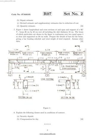 JNTUW
ORLD
Code No: 07A60105 R07 Set No. 2
(b) Repair estimate
(c) Revised estimate and supplementary estimates due to reduction of cost
(d) Quantity estimate. [16]
7. Figure 1 shows longitudinal and cross sections at mid span and support of a RC
T - beam 26 cm by 40 cm over all including the slab thickness 10 cm. The beam
of which particulars are shown in the ﬁgure is continuous over two equal spans 4
m clear and supported on 30 cm walls. Prepare the details of bars for the beam,
giving a bar bending schedule and total weight of steel required. Assume other
data. [16]
Figure 1:
8. Explain the following clauses used in conditions of contract.
(a) Security deposit.
(b) Compensation for day. [16]
2
www.jntuworld.com
www.jntuworld.com
 
