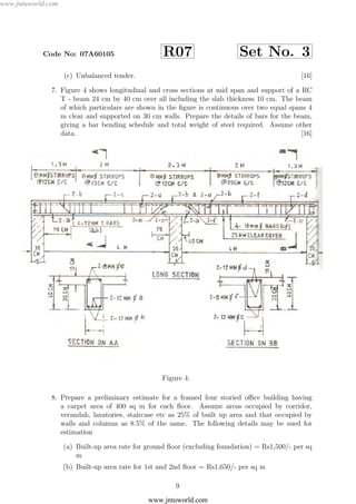 JNTUW
ORLD
Code No: 07A60105 R07 Set No. 3
(c) Unbalanced tender. [16]
7. Figure 4 shows longitudinal and cross sections at mid span and support of a RC
T - beam 24 cm by 40 cm over all including the slab thickness 10 cm. The beam
of which particulars are shown in the ﬁgure is continuous over two equal spans 4
m clear and supported on 30 cm walls. Prepare the details of bars for the beam,
giving a bar bending schedule and total weight of steel required. Assume other
data. [16]
Figure 4:
8. Prepare a preliminary estimate for a framed four storied oﬃce building having
a carpet area of 400 sq m for each ﬂoor. Assume areas occupied by corridor,
verandah, lavatories, staircase etc as 25% of built up area and that occupied by
walls and columns as 8.5% of the same. The following details may be sued for
estimation
(a) Built-up area rate for ground ﬂoor (excluding foundation) = Rs1,500/- per sq
m
(b) Built-up area rate for 1st and 2nd ﬂoor = Rs1,650/- per sq m
9
www.jntuworld.com
www.jntuworld.com
 