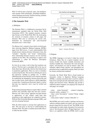 IJCSN - International Journal of Computer Science and Network, Volume 3, Issue 6, December 2014
ISSN (Online): 2277-5420 www.IJCSN.org
Impact Factor: 0.274
538
Web 3.0 will be more connected, open, and intelligent,
with semantic Web technologies, distributed databases,
natural language processing, machine learning, machine
reasoning, and autonomous agents.
3.The Semantic Web
a. Definition
The Semantic Web is a collaborative movement led by
international standards body the World Wide Web
Consortium (W3C). The standard promotes common
data formats on the World Wide Web. By encouraging
the inclusion of semantic content in web pages, the
Semantic Web aims at converting the current web,
dominated by unstructured and semi-structured
documents into a "web of data".
Tim Berners-Lee’s original vision clearly involved more
than retrieving Hypertext Markup Language (HTML)
pages from Web servers. A more understandable Web
should present relations between information items like
“includes,” “describes,” and “wrote”. Unfortunately,
these relationships between resources are not currently
captured on the Web. The technology to capture such
relationships is called the Resource Description
Framework (RDF).
So, how do we create a web of data that machines can
process? The first step is a paradigm shift in the way we
think about data. Historically, data has been locked away
in proprietary applications. Data was seen as secondary
to processing the data. This incorrect attitude gave rise to
the expression “garbage in, garbage out,” or GIGO.
GIGO basically reveals the flaw in the original argument
by establishing the dependency between processing and
data. In other words, useful software is wholly dependent
on good data. Computing professionals began to realize
that data was important, and it must be verified and
protected.
Programming languages began to acquire object-oriented
facilities that internally made data first-class citizens.
However, this “data as king” approach was kept internal
to applications so that vendors could keep data
proprietary to their applications for competitive reasons.
With the Web, Extensible Markup Language (XML), and
now the emerging Semantic
Web, the shift of power is moving from applications to
data. This also gives us the key to understanding the
Semantic Web. The path to machine-processable data is
to make the data smarter.
Figure 2 - Semantic Web Stack
b. Purpose
The HTML language as we know it today has several
limitations. Many files on a typical computer can be
loosely divided into human readable documents and
machine readable data. Documents like mail messages,
reports, and brochures are read by humans. Data, like
calendars, address books, playlists, and spreadsheets are
presented using an application program which lets them
be viewed, searched and combined.
Currently, the World Wide Web is based mainly on
documents written in Hypertext Markup Language
(HTML), a markup convention that is used for coding a
body of text interspersed with multimedia objects such as
images and interactive forms. Metadata tags provide a
method by which computers can categories the content of
web pages, for example:
<meta name="keywords" content="computing,
computer studies, computer" />
<meta name="description" content="Cheap widgets
for sale" />
<meta name="author" content="John Doe" />
With HTML and a tool to render it (perhaps web browser
software, perhaps another user agent), one can create and
present a page that lists items for sale. The HTML of this
catalog page can make simple, document-level assertions
such as "this document's title is 'Widget Superstore'", but
there is no capability within the HTML itself to assert
 