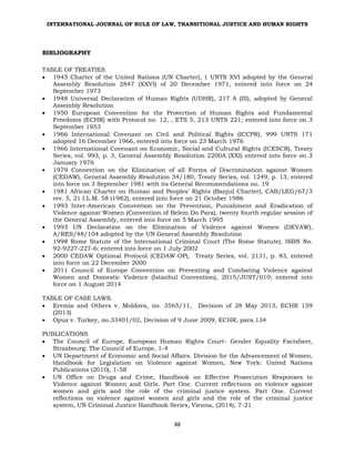 INTERNATIONAL JOURNAL OF RULE OF LAW, TRANSITIONAL JUSTICE AND HUMAN RIGHTS
88
BIBLIOGRAPHY
TABLE OF TREATIES.
 1945 Charter of the United Nations (UN Charter), 1 UNTS XVI adopted by the General
Assembly Resolution 2847 (XXVI) of 20 December 1971, entered into force on 24
September 1973
 1948 Universal Declaration of Human Rights (UDHR), 217 A (III), adopted by General
Assembly Resolution
 1950 European Convention for the Protection of Human Rights and Fundamental
Freedoms (ECHR) with Protocol no. 12, , ETS 5, 213 UNTS 221; entered into force on 3
September 1953
 1966 International Covenant on Civil and Political Rights (ICCPR), 999 UNTS 171
adopted 16 December 1966, entered into force on 23 March 1976
 1966 International Covenant on Economic, Social and Cultural Rights (ICESCR), Treaty
Series, vol. 993, p. 3, General Assembly Resolution 2200A (XXI) entered into force on 3
January 1976
 1979 Convention on the Elimination of all Forms of Discrimination against Women
(CEDAW), General Assembly Resolution 34/180, Treaty Series, vol. 1249, p. 13, entered
into force on 3 September 1981 with its General Recommendations no. 19
 1981 African Charter on Human and Peoples' Rights (Banjul Charter), CAB/LEG/67/3
rev. 5, 21 I.L.M. 58 (1982), entered into force on 21 October 1986
 1993 Inter-American Convention on the Prevention, Punishment and Eradication of
Violence against Women (Convention of Belem Do Para), twenty fourth regular session of
the General Assembly, entered into force on 5 March 1995
 1993 UN Declaration on the Elimination of Violence against Women (DEVAW),
A/RES/48/104 adopted by the UN General Assembly Resolution
 1998 Rome Statute of the International Criminal Court (The Rome Statute), ISBN No.
92-9227-227-6; entered into force on 1 July 2002
 2000 CEDAW Optional Protocol (CEDAW-OP), Treaty Series, vol. 2131, p. 83, entered
into force on 22 December 2000
 2011 Council of Europe Convention on Preventing and Combating Violence against
Women and Domestic Violence (Istanbul Convention), 2015/JUST/010; entered into
force on 1 August 2014
TABLE OF CASE LAWS.
 Eremia and Others v. Moldova, no. 3565/11, Decision of 28 May 2013, ECHR 159
(2013)
 Opuz v. Turkey, no.33401/02, Decision of 9 June 2009, ECHR, para.134
PUBLICATIONS
 The Council of Europe, European Human Rights Court- Gender Equality Factsheet,
Strasbourg: The Council of Europe, 1-4
 UN Department of Economic and Social Affairs. Division for the Advancement of Women,
Handbook for Legislation on Violence against Women, New York: United Nations
Publications (2010), 1-58
 UN Office on Drugs and Crime, Handbook on Effective Prosecution Responses to
Violence against Women and Girls. Part One. Current reflections on violence against
women and girls and the role of the criminal justice system. Part One. Current
reflections on violence against women and girls and the role of the criminal justice
system, UN Criminal Justice Handbook Series, Vienna, (2014), 7-21
 