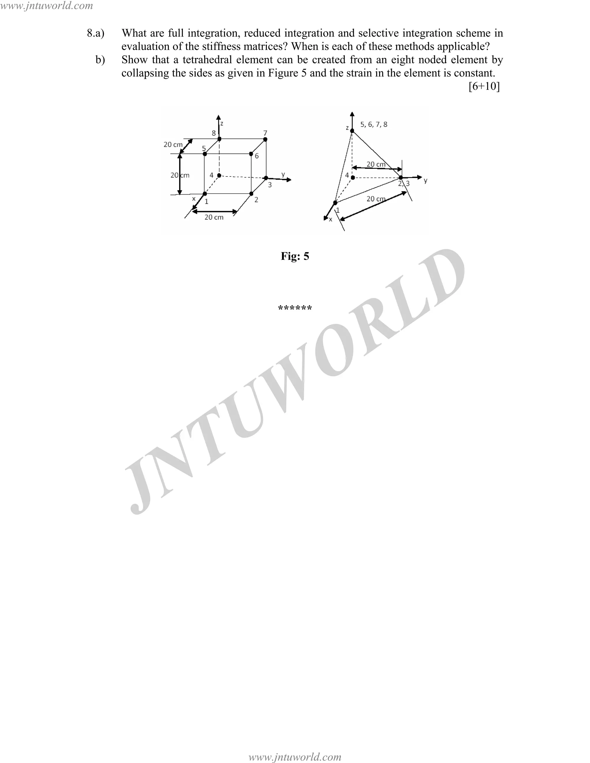 JNTUW
ORLD
8.a) What are full integration, reduced integration and selective integration scheme in
evaluation of the stiffness matrices? When is each of these methods applicable?
b) Show that a tetrahedral element can be created from an eight noded element by
collapsing the sides as given in Figure 5 and the strain in the element is constant.
[6+10]
Fig: 5
******
www.jntuworld.com
www.jntuworld.com
 