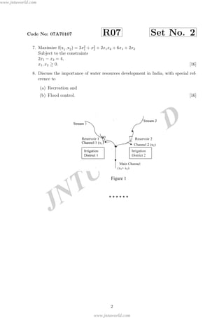 JNTUW
ORLD
Code No: 07A70107 R07 Set No. 2
7. Maximize f(x1, x2) = 3x2
1 + x2
2 + 2x1x2 + 6x1 + 2x2
Subject to the constraints
2x1 − x2 = 4,
x1, x2 ≥ 0. [16]
8. Discuss the importance of water resources development in India, with special ref-
erence to
(a) Recreation and
(b) Flood control. [16]
2
Figure 1
* * * * * *
www.jntuworld.com
www.jntuworld.com
 