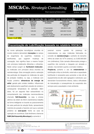 MSC Strategic Consulting & Co. E-mail: mussatocorleone@icloud.com
Energy Efficiency / Reliability / Fuel Economy +5515 9.
Address: Caçapava Street 15, ZIP 0957-460, São Paulo - SP Automotive – Commercial Vehicles
CREA 5062487249 / CNPJ Industrial – Engineering & Manufacturing
in association with -------------- Proibida a reprodução total ou parcial deste material sem autorização --------------
Visualização da redução de custos com manutenção
Operador Vida útil
estimada
(Anos)
Custo com
impostos e
serviços
(Euros)
Danos detectados
(Unidades)
Custos não
planejados/ reparos
planejados
(Euros)
Redução
de custos
(Euros)
Eolic1 5 150,000 3 Transmissões 405,000/101,250
303,750
em 5 anos
Eolic2 5 1300,000
12 Transmissões
40 Geradores
4620,000/1155,000
3465,000
em 5 anos
Eolic3 3 472,000
20 Transmissões
1 Rolamento do gerador
1 Rolamento principal
2811,000/702,750
2108,250
em 3 anos
1 Euro = 3.47 BRL
Preconização de Lubrificação baseada no relatório MSC&Co.
As novas aplicações tecnológicas oriundas do
mundo moderno demandam inovações no campo
da engenharia de superfície, materiais e
lubrificantes, que sugerem mudança de
concepção. Isso significa fazer a mesma função
com princípios totalmente diferentes e eficientes.
Neste campo surgem as ‘Surfactant molecules’,
ou moléculas com princípios ativos oriundos da
nanotecnologia. Esta concepção prevê a adsorção
das partículas de desgaste às moléculas de ação
de proteção metálica, ou seja, a molécula com
função protetiva ‘alimenta-se da energia de
atrito’ gerada pelo contato metálico, influenciado
pelo deslizamento superficial, pressão de contato e
consequente temperatura de operação. Além
disso, há um segundo fator extraordinário no
comportamento das moléculas nanomanufaturas
chamado ‘Self-Assembly’, ou seja, o arranjo
atômico da ordem de 50nm (nanômetros) trabalha
de forma inteligente no tocante ao posicionamento
de cada partícula da solução fluida, apresentando
memória de posição e fazendo com que a camada
protetiva se auto-ajuste frente ao caos da
operação em ocorrência. Este fenômeno chama-se
SAM (Self-Assembly-Monolayer) e somente é
possível ocorrer quando há presença de
metamateriais, ou seja, moléculas fabricadas no
conceito da nanotecnologia e portanto de tamanho
ínfimo da ordem de 10
-9
m (metros), ou 0,000.000.00X
mm (milímetros). Esta camada diferenciada protege a
superfície não somente a desgaste por abrasão e
adesão, mas também quanto a corrosão metálica.
Propõe-se, portanto o uso de metamateriais à
lubrificação crítica ou limítrofe, onde toda a capacidade
lubrificante é necessária para aumentar a vida útil de
equipamentos de alto valor agregado e sobretudo, que
demandam funcionamento intenso, dada a dificuldade
de manutenção e consequências da suspensão dos
serviços para a população e meio ambiente.
.
 