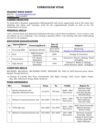 CURRICULUM VITAE
PRADEEP SINGH RAWAT
Mail ID – 21.pradeep@gmail.com
Contact – 9313346999
_____________________________________________________________________________________________CAREER OBJECTIVE
To work with a dynamic organization offering growth and career opportunity and at the same time
adopting new ideas and concepts, both for the organizational benefit as well as for the
enhancement of career.
PERSONAL SKILLS
I am a sincere loyal and dedicated individual who has a great deal of ambition. I love to learn, and
am always up to a challenge. I am seeking a position where I can develop and excel while giving
my best to an employer.
EDUCATION QUALIFICATIONS
SR
Degree/Diplom
a
University/Board
Year of
Passing
Subjects
1 Pursuing MBA Symbiosis (SCDL)
2014-2018
(Pursuing)
Marketing
(Reg201414063@student.scdl.net)
2 B.Sc
HNB Garhwal
University
2000 Zoology & Chemistry
3 Intermediate
U.P. Board
Allahabad
1996
Chemistry, Physics, Biology, Hindi
& English
4 High School
U.P. Board
Allahabad
1994
Science-2, Maths-2, Biology,
Social Science, Hindi & English
COMPUTER SKILLS
MS-WORD, MS-EXCEL, MS-POWER POINT, WINDOWS XP, 2003 & 2007,Internet,Lotus Notes,
Mozilla Thunderbird etc.
→ Vlookup, If, Countif, Sort, Pivot, Concatenate, Left, Right, Average, Find, Lower, Upper, Proper,
Max, Min, N(Numeric Entry), Rank, Sumif etc.
WORK EXPERIENCE
SR Company From To Profile Report To
1
Sterlite Networks Ltd.
(Speedon Networks Ltd.)
Jul-2014 Till Date
O&M / MIS
Executives
National Head
Operation (Mr.
Saurabh Shukla –
9810503303)
2 Reliance Communications Ltd. Nov-2007 Feb-2014
Sales / MIS
Executives
Key A/c Head (Mr.
Rajiv Sakhuja –
9312211102)
3 TATA Sky Ltd. Nov-2005 Oct-2007
Sales / MIS
Executives
MDU North Head (Mr.
Mikesh Sharma –
9810517482)
4 Reliance Communications Ltd. Feb-2002 Nov-2005 GIS / MIS
Executives
Business Analysis
Head (Mr. Harsh
Saluja) & North East
Cluster Head (Mr.
Rajiv Sakhuja –
 