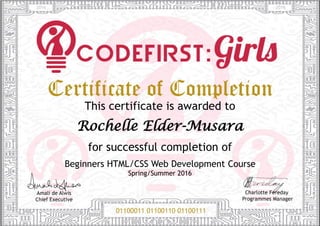 Rochelle Elder-Musara
Beginners HTML/CSS Web Development Course
Spring/Summer 2016
2016 2016
 