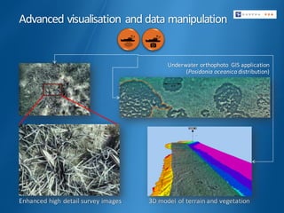 Advanced	visualisation	and	data	manipulation
Enhanced	high	detail	survey	images	
Underwater	orthophoto	 GIS	application	
(Posidonia	oceanica	distribution)
3D	model	of	terrain	and	vegetation
 