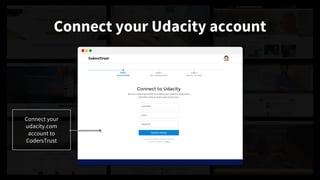 Connect your Udacity account
Connect your
udacity.com
account to
CodersTrust
 