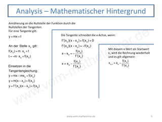 www.vom-mathelehrer.de
www.vom-mathelehrer.de 3
Analysis – Mathematischer Hintergrund
Annäherung an die Nullstelle der Funktion durch die
Nullstellen der Tangenten.
Für eine Tangente gilt:
y = mx + t
An der Stelle x0
gilt :
f(x0
) = m⋅ x0
+ t
t = −m⋅ x0
+ f(x0
)
Einsetzen in die
Tangentengleichung:
y = mx −mx0
+ f(x0
)
y = m(x − x0
) + f(x0
)
y = f '(x0
)(x − x0
) + f(x0
)
Die Tangente schneidet die x-Achse, wenn:
f '(x0
)(x − x0
) + f(x0
) = 0
f '(x0
)(x − x0
) = −f(x0
)
x − x0
= −
f(x0
)
f '(x0
)
x = x0
−
f(x0
)
f '(x0
)
Mit diesem x-Wert als Startwert
x1 wird die Rechnung wiederholt
und es gilt allgemein:
xn+1
= xn
−
f(xn
)
f '(xn
)
 