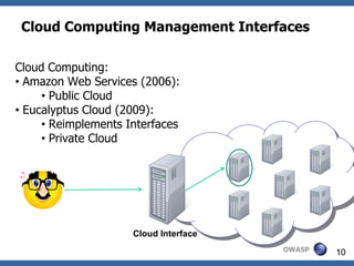 Cloud Computing Management Interfaces

Cloud Computing:
• Amazon Web Services (2006):
     • Public Cloud
• Eucalyptus Cloud (2009):
     • Reimplements Interfaces
     • Private Cloud




                     Cloud Interface
                                       OWASP   10
 