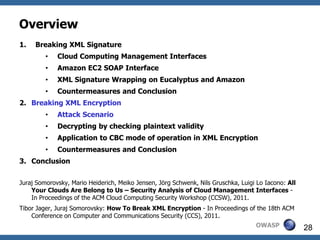 Overview
1.   Breaking XML Signature
         •   Cloud Computing Management Interfaces
         •   Amazon EC2 SOAP Interface
         •   XML Signature Wrapping on Eucalyptus and Amazon
         •   Countermeasures and Conclusion
2. Breaking XML Encryption
         •   Attack Scenario
         •   Decrypting by checking plaintext validity
         •   Application to CBC mode of operation in XML Encryption
         •   Countermeasures and Conclusion
3. Conclusion


Juraj Somorovsky, Mario Heiderich, Meiko Jensen, Jörg Schwenk, Nils Gruschka, Luigi Lo Iacono: All
    Your Clouds Are Belong to Us – Security Analysis of Cloud Management Interfaces -
    In Proceedings of the ACM Cloud Computing Security Workshop (CCSW), 2011.
Tibor Jager, Juraj Somorovsky: How To Break XML Encryption - In Proceedings of the 18th ACM
    Conference on Computer and Communications Security (CCS), 2011.
                                                                                   OWASP             28
 