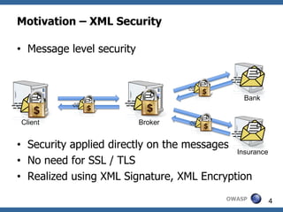 Motivation – XML Security

• Message level security



                                                Bank


Client                     Broker


• Security applied directly on the messages
                                            Insurance
• No need for SSL / TLS
• Realized using XML Signature, XML Encryption
                                            OWASP       4
 